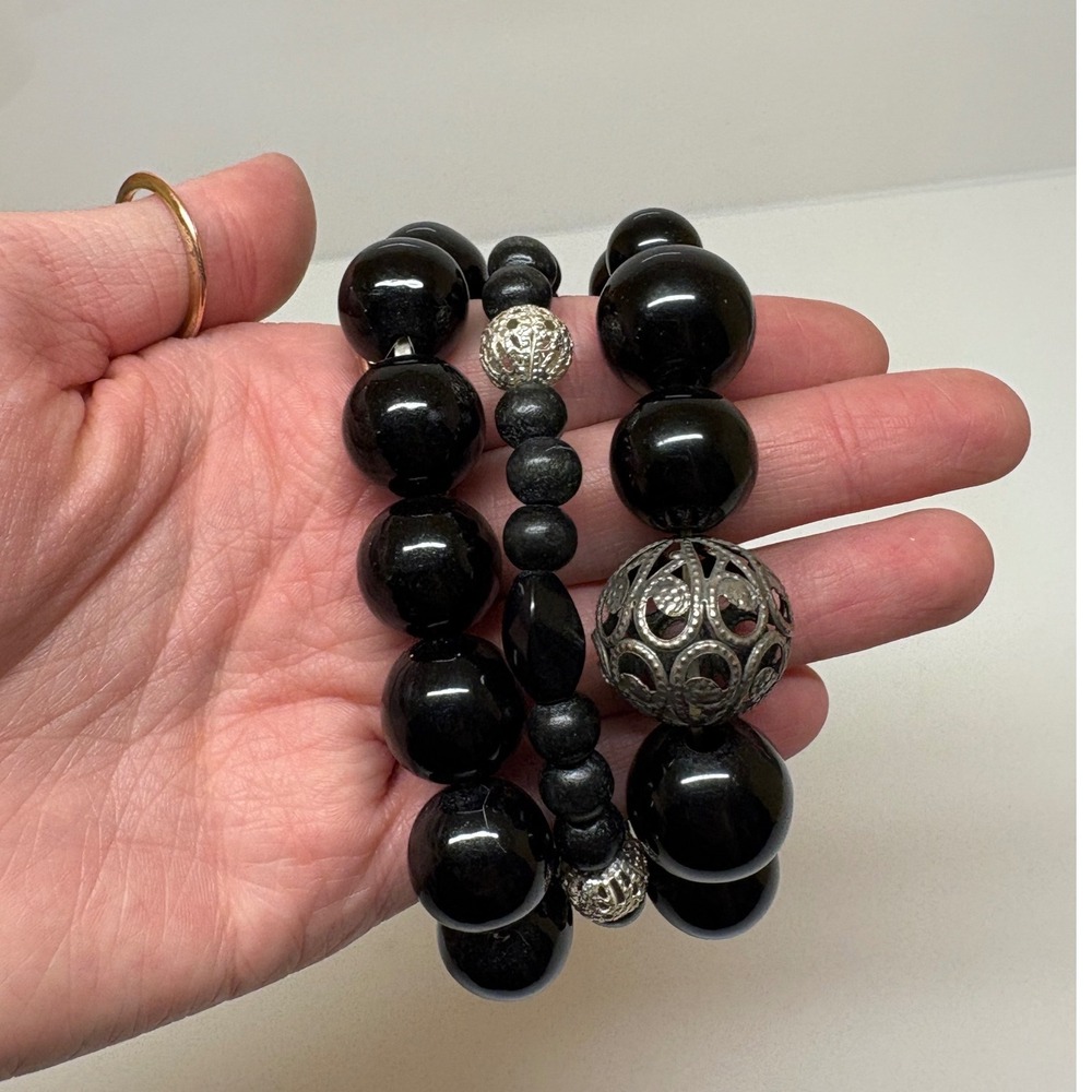 Set of 3 Black Beaded Stretch Bracelets Silver Filigree Accents